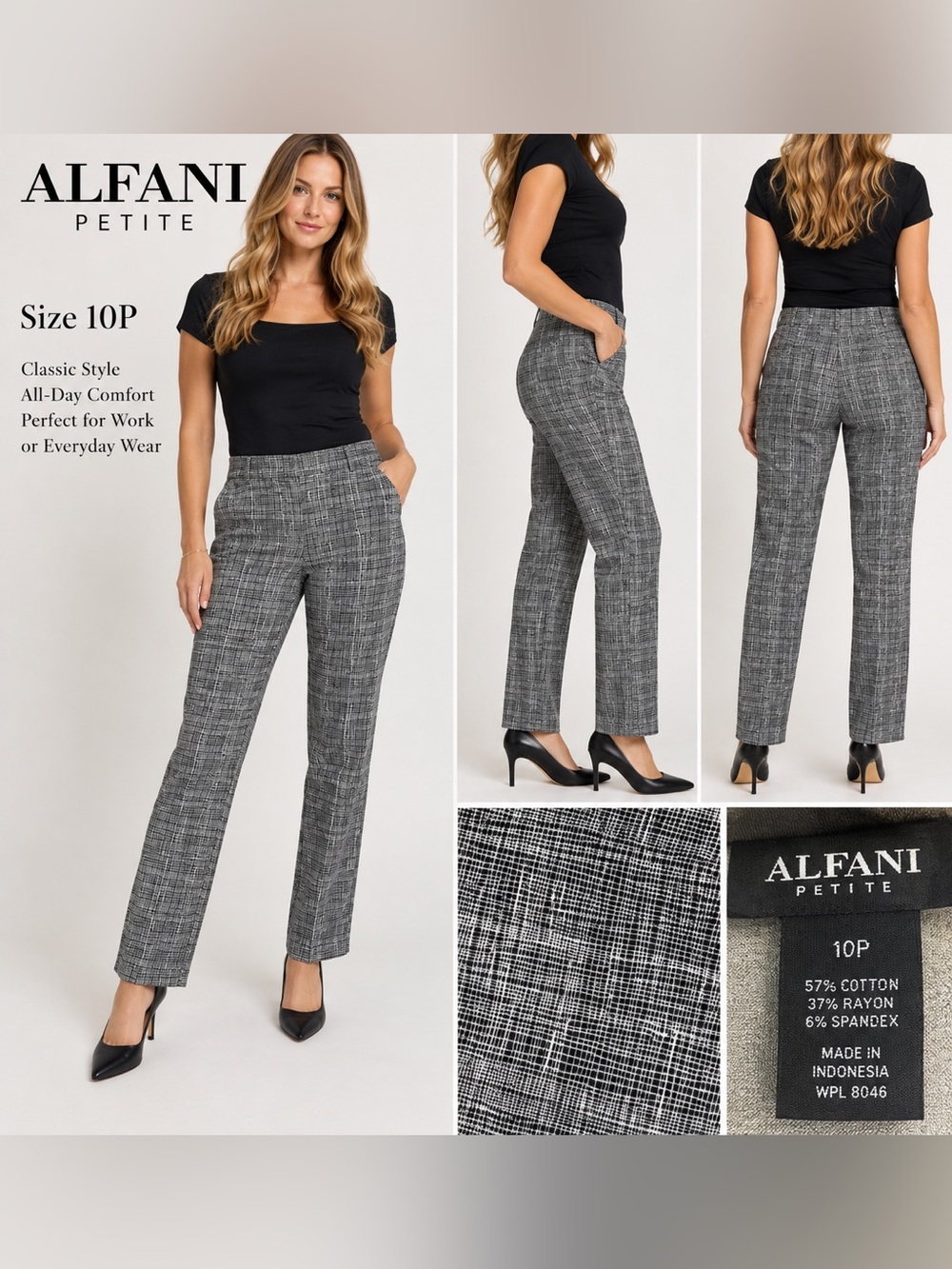 Alfani Petite Black and Gray Plaid Straight-Leg Pants